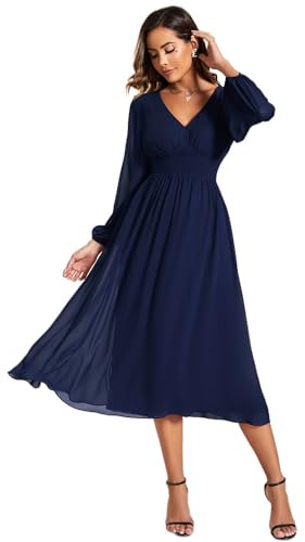 Ever-Pretty Party Dresses for Women Midi Long Sleeve Wedding Guest Dresses V Neck Midi Navy Blue 20
