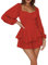 Women 's Loose Shorts Jumpsuit Solid Color Lantern Long Sleeve Square Neck Ruched Ruffled Playsuit (Red, L)