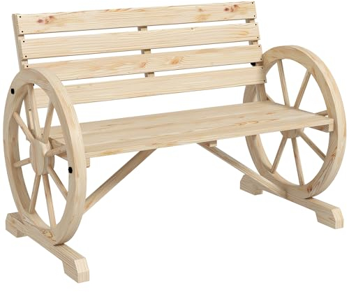 Outsunny 2-Sitzer Gartenbank, wetterfest Sitzbank, Gartenmöbel mit Rücken, Armlehnen im Rädernform Parkbank 240kg belastbar, Balkonbank, Holzbank für Balkon, Garten, 105,5 x 56 x 79 cm, Naturholz