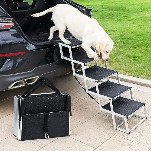 Uross Foldable Folding Dog Steps for Car 5 Steps - Collapsible Dog Steps Ramp for Car and SUV, Aluminum Dog Ramp Step Stairs for Large Dogs,Telescoping Dog Pet Step Stairs Ladder for Truck, UK-LHJGLT06-Black