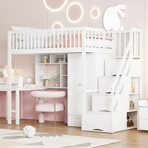 Soweiz Stauraum Treppe Mehrzweckbetteinheit Holzbettgestell,Hochbett 90 x 200 mit großem Kleiderschrank Regal und Tisch (weiß)