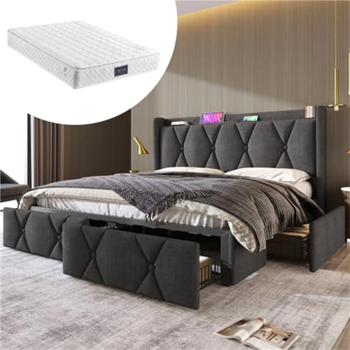 Polsterbett Mit 4 Schubladen Stauraum Doppelbett King Size Mit USB Ladefunktion Kopfteil Jugendbett Für Erwachsene Lattenrost Aus Holz Gästebett Für Schlafzimmer Grau 140x200 Cm Mit Matratze