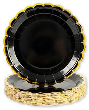 Pappteller Schwarz Gold 50 Stück, 18cm Partyteller Schwarz mit Gold Goldrand Einwegteller Pappteller Geburtstag Kuchenteller Partygeschirr für Geburtstag Hochzeiten Jubiläums (Schwarz Gold, 18cm)