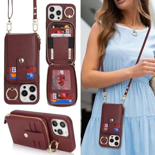 SailorTech per iPhone 13 Pro Max Custodia per telefono Supporto ad anello con portacarte per donne, iPhone 13 Pro Max Custodia a tracolla Portafoglio con cerniera per carta di credito-Borgogna