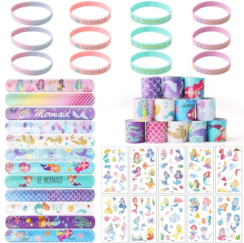 34PCS Meerjungfrau Geburtstag Deko, Enthält 10 Tattoo-Aufkleber, 12 Mermaid Schnapparmband, 12 Armband,Meerjungfrauen Gastgeschenk für Mitgebsel Kindergeburtstag, Meerjungfrau Geburtstag Deko