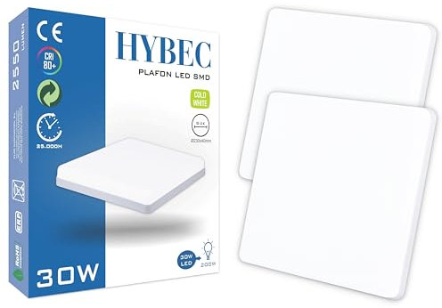 HYBEC - Plafon LED Techo Rectangular, Plafon LED Rectangular, Plafón LED Rectangular, LED Cuadrado Superficie, Plafon LED Techo Cuadrado, Plafon Cocina LED Techo Rectangular, Plafón 30W (Pack 2)