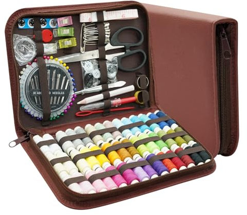 JUNING Kit de Costura,Costurero Accesorios Costura Kit de Accesorios para el Viajes y Principiantes y emergencias (XL-42 bobinas de hilos-Marrón)