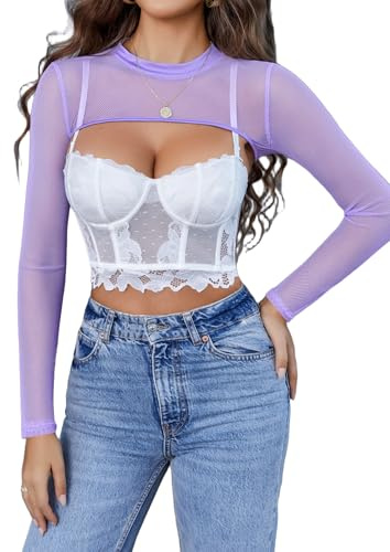 Avidlove Tops Cortos de Malla para Mujer, Cuello simulado, Manga Larga, Top Corto Transparente, Camiseta Sexy para Club