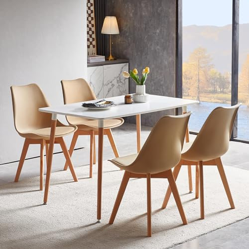 FURNITABLE Esszimmergruppe Esstisch mit 4 Stühlen Essgruppen, Rechteckig 110cm Küchentisch-Set und 4er Set Esszimmerstühle für Wohnzimmer Küche Büro (Weiß Tisch+4 Khaki Stühle)
