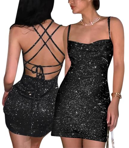 AOWVUTS Damen Sexy Wickelkleid Glitzer Mini Bodycon Ohne Ärmel Spaghettiträger Rückenfreies Neckholder Elegant Kurz Eng für Party Club Cocktail