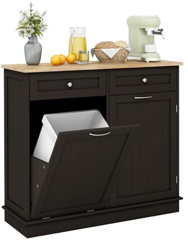 COSTWAY Sideboard with Trash Bin Hamper, Rubber Wood Top Tilt-out Trash Cabinet, Freestanding Storage Cupboard Unit for Kitchen Laundry, No Trash Can (Brown)