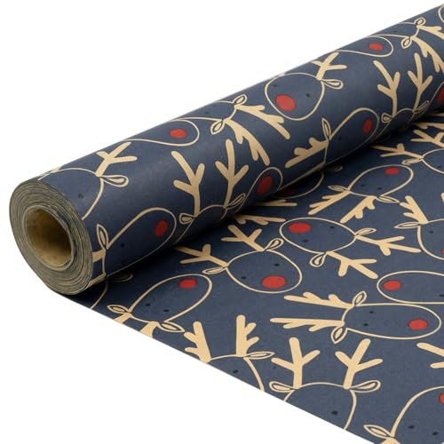 Rouleau de papier cadeau pour Noël : papier cadeau kraft bleu motif élan festif 15 m x 43 cm pour décoration de fête de Noël