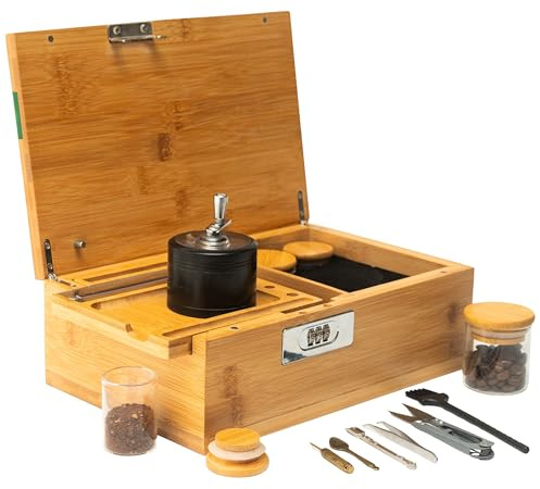 ALTA VIBES Decorative Bamboo Box with Lock – Large Wooden Organizer with Magnetic Lid, Tray, 4 Smell-Proof Glass Jars & Accessories – Stylish Lockable Storage Box for Home or Travel (Green)