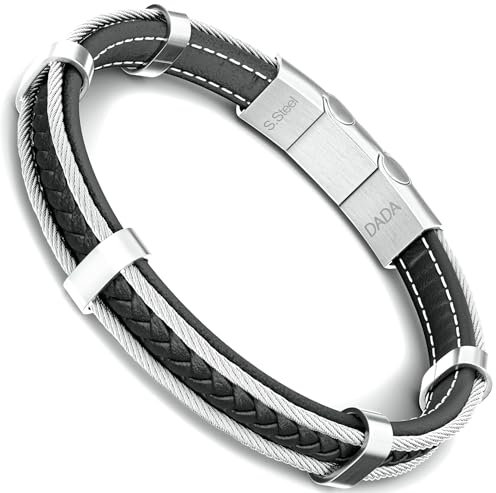 Dada Gioiell - Herrenarmband aus Leder und satiniertem Edelstahl, sportliches Autoreifen und Motoren Design, Geschenkidee für Ihn, Magnetverschluss - grössenverstellbar 20-21cm (Edelstahl)