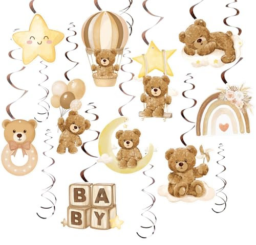 24 pcs Bear Baby Shower Hanging Swirls Brown Teddy Bear Theme Single Double Swirls Mixed Ceiling Swirl Decor for Kids Boys Girls Baby Shower Hanging Decorations Party Favor Supplies