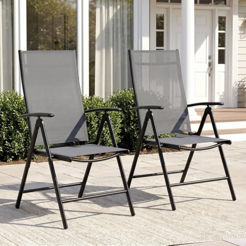 Clevich Gartenstühle Alu 2er Set, Gartenstuhl Hochlehner Klappbar | Balkonstühle 7-Fach Verstellbar bis 120kg, Leicht Campingstühle, Ergonomisch Atmungsaktiv und Wetterfest, Dunkelgrau