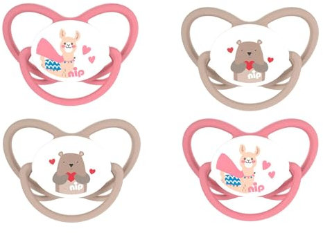 NIP Butterfly Spar-Set Schnuller Butterfly 4er Pack, Größe 1 (0-6 Monate) beige/rose, Extra flaches und weiches Saugteil aus Silikon, Kiefergerecht und Stillfreundlich