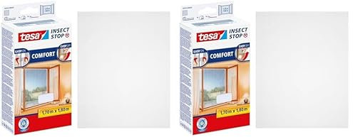 tesa Insect Stop Comfort Fliegengitter für Fenster - Insektenschutz mit Klettband selbstklebend - Fliegen Netz ohne Bohren - weiß (Leichter sichtschutz), 170 cm x 180 cm (Packung mit 2)