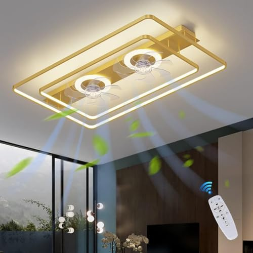 Led Ceiling Fan With Light, New Double Fan Design Ceiling Lamp Large Living Room Lamp Dining Table Fan Ceiling, Remote Control Quiet Modern Bedroom Children's Room Lamp, Gold/90cm