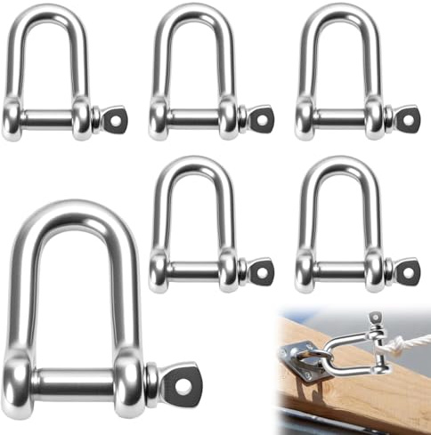 6 Stück M8 Schäkel Edelstahl, Schäkel D Form Gerade, D Ring Sperren Gerade, D Schäkel Edelstahl, Bügelschäkel für Takelage Stahlseil Kordeln Ketten Schäkel