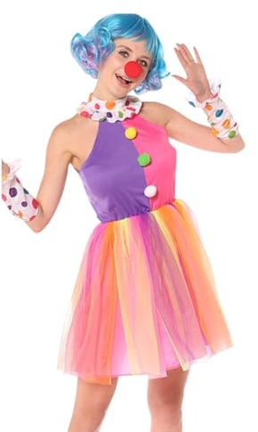 Generisch Clown Kostüm Damen, Buntes Clownkleid + 2 Armbänder Fasching Kostüm Für Erwachsene Party Bühnenauftritt Kostümfest & Maskenball Leuchtendes Tüllkleid Mit Polka Dots Rosa