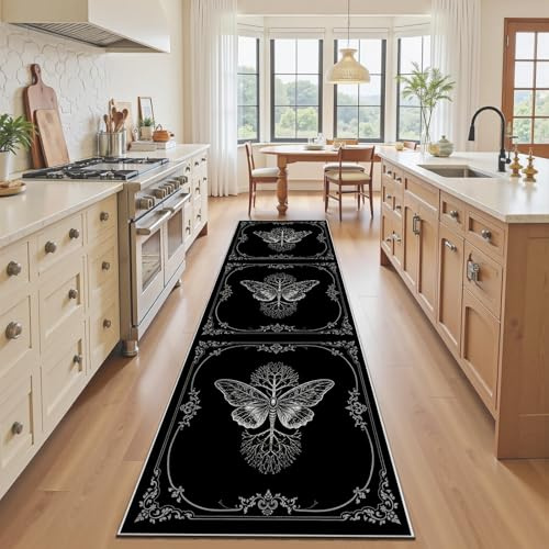 Tyafsgvqo Schmetterling Baum des Lebens Läufer Flur rutschfest 80x300 cm | Gotisch Motte Küchenteppich Läufer, Boho Insekt Teppich Lang Waschbar Kurzflor für Küchen Wohnzimmer Schlafzimmer