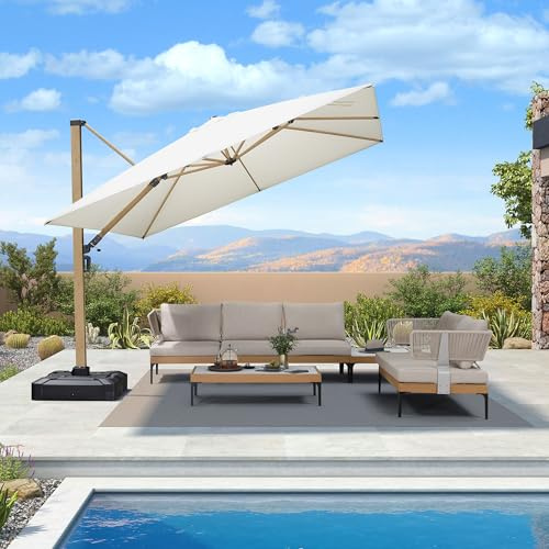 PURPLE LEAF Sombrilla Terraza 3 x 3 m Rectangular, Sombrilla de Jardín Exterior de Aluminio, Efecto madera, Resistente a la Intemperie, Protección UV 50+, Rotación 360°, 6 Posiciones de Altura, Crema