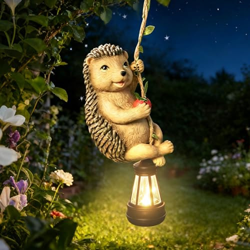 FUFRE Solarlampen für Außen Garten Tierfigur, Solar Hängelampe Gartendeko für Draußen mit Kunstharz Tierfigur, LED Hängende Solarlaterne mit LED Metallhaken, Solar Laternen Außen Wetterfest (Igel)