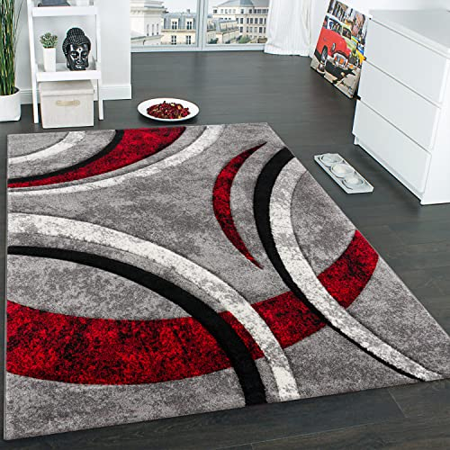 Paco Home Teppich Kurzflor Konturenschnitt Muster Gestreift Grau Schwarz Rot Meliert, Grösse:200x290 cm