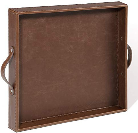 Ranslen Quadratisches Leder-Serviertablett mit Griffen, 38,1 x cm, Tischtablett für Ottomane, Couchtisch, dekoratives Tablett Zuhause, Wohnzimmer, Küche, Essen, Frühstückstablett im Bett, braun