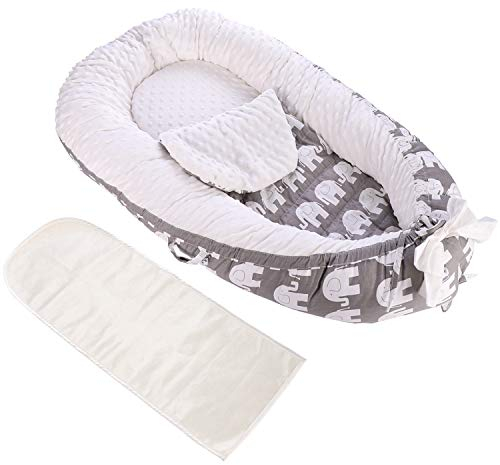JIAN YA NA Babynest mit Eisseide-Matratze, tragbare Baby-Liege, abnehmbar, maschinenwaschbar, Verwendung im Kinderbett (Elefant)