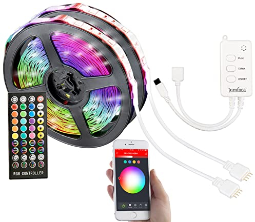 Luminea Home Control LED Band: WLAN-RGB-LED-Streifen mit Sound-Steuerung, App, Sprachsteuerung, 10 m (Streifen Soundsteuerung, mit App steuern, Schrankbeleuchtung)
