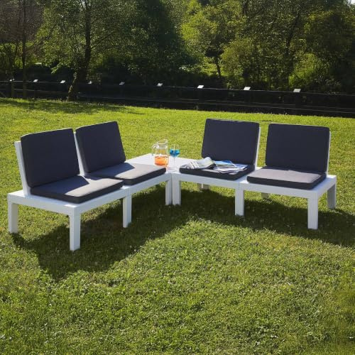 Dmora - Outdoor-Lounge-Set Vigevano, Gartengarnitur mit 4 Sitzplätzen mit Rückenlehne und 1 Multifunktionsmodul, Sitzecke mit Kissen, 100 % Made in Italy, Weiß