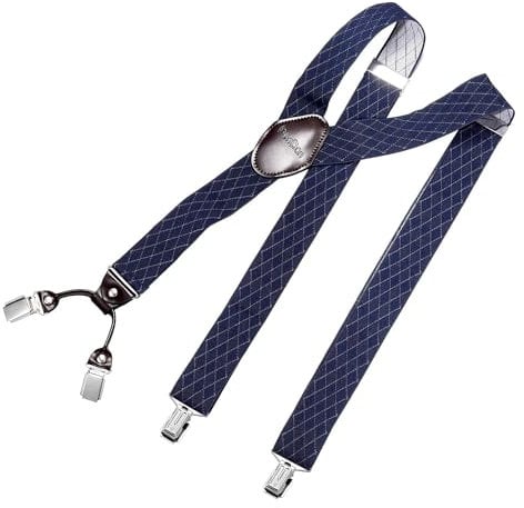 DonDon Hosenträger Herren extra stark Raute blau 3,5 cm Hosenträger Herren breit mit brauem Leder in Y-Form lang - Starke Clips passend für Anzug Jeans Chinos Vintage Rockabilly Suspenders