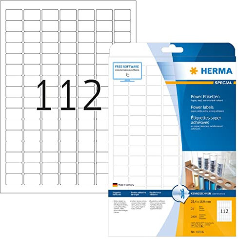 HERMA 10916 Power Etiketten, 800 Blatt, 25,4 x 16,9 mm, 112 pro A4 Bogen, 89600 Stück, selbstklebend, bedruckbar, extrem stark haftend, blanko Papier Klebeetiketten Aufkleber, weiß