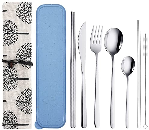 9 Set Couverts voyage avec Etui, QLFJ-FurDec Couverts Lunch Box en Inox avec Couteau Fourchette Cuillère Baguettes de Nettoyage Brosse Pailles Ensemble, Couvert Transportable, Couverts Camping