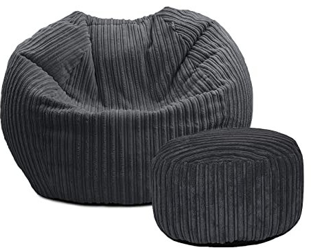 rucomfy Beanbags Jumbo Cord Kids Mini-Slouch Bean Bag Chair - Childrens Bedroom Playroom Furniture and Fun Decor. Arrives with Filling and Machine Washable - 60 x 80cm (Slate Grey, with Footstool)