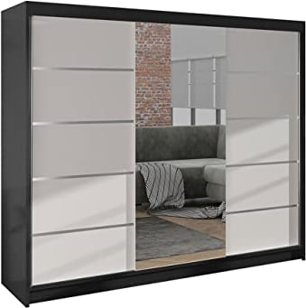 Mirjan24 Kleiderschrank Dotan VI mit Spiegel, Kleiderstange und Fächer, Schlafzimmerschrank, Schwebetürenschrank, Dielenschrank, Garderobenschrank (Schwarz/Weiß)