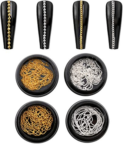 Nail Chain Art Set - 4 Gold & Silver Metal Chains, 3D Nail Charms & Punk Studs for Manicure Design DIY Crafts