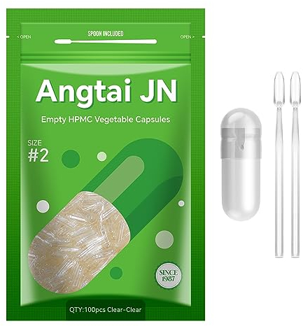 Angtai JN Gélules Vides Végétales à Remplir Taille 2 (100 unités) Capsule Vide avec Micro Cuillère,Certifié Casher,Halal,Empty Capsules Compatible avec la Machine de Remplissage de Capsule 2