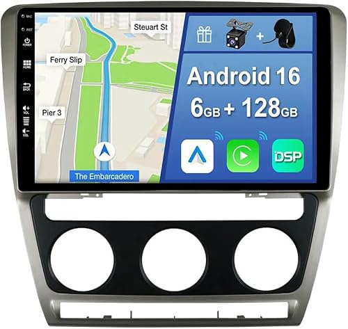 YUNTX Android 15 [6GB+128GB] 2 DIN Autoradio para Skoda Octavia 2 (2007-2013)-[Integrado CarPlay/Android Auto/DSP/GPS]-IPS 2.5D 9”Touch Screen-Cámara+Mic-Dab/Bluetooth 5.0/360 Cámara