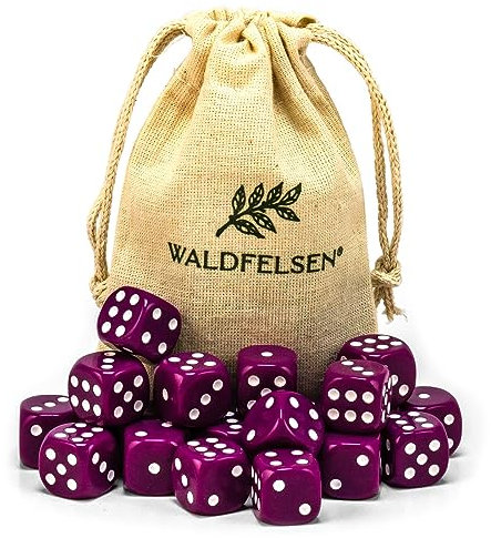Waldfelsen 6, 12, 20, 30 oder 50 hochqualitative Würfel Standardgröße 16 mm Acrylwürfel Knobel Spielwürfel Dice 6-seitig sechsseitig Spielzubehör Set mit Stoffbeutel (Lila, 20 Stück)