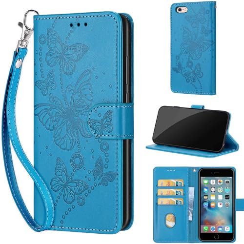 for iPhone 6 / 6S Case, Embossed Premium PU Leather Folio Flip Notebook Wallet Cover Compatible with iPhone 6 / 6S Phone Case [Magnet Closure][Kickstand][Card Slots], Blue Butterfly