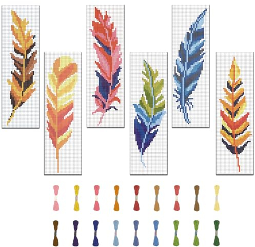 FREEBLOSS 6 Set Kreuzstich Set Federmuster Vorgedruckt Embroidery Cross Stitch Bookmark Kit Stickpackung Kreuzstich mit Anleitungen für Anfänger Erwachsene 6x20cm