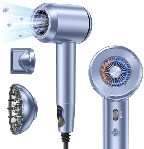 llano Secador de Pelo Iónico Secador Rápido con Difusor 1800W, 19m/s Velocidad del Viento, 100 Millones de Iones Negativos, 5 Ajustes de Calor y 2 Velocidades (Azul)