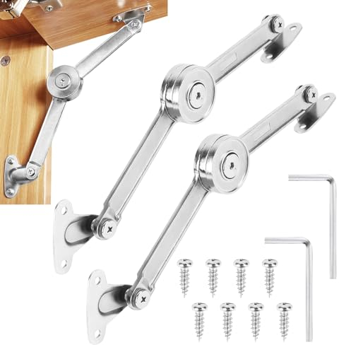 2 Stück Deckelstütze Scharnier, Softclose Deckelstützscharniere mit Schrauben und Inbusschlüssel, Klappenbeschlag Klappenstütze, Satin Nickel Klappscharnier, Schrank Scharniere