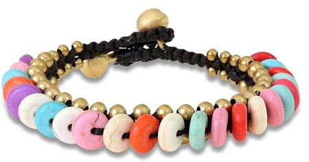 Made by Nami Boho Armband Damen mit Türkisen Perlen und weißen Steinen Hippie Accessoires Hippie Schmuck Geschenke für Frauen 16 + 4 cm Länge (Bunt)