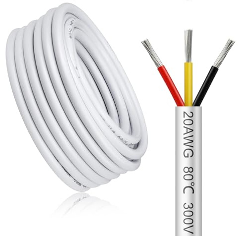 Cable Eléctrico 20 AWG 3x0,5mm² de 30 Metros, Blanco Cable Flexible de 3 Hilos de Cobre Estañado para 5V/12V/24V Blanco, Resistente a Altas Temperaturas, para LED, Automoción y Electrónica