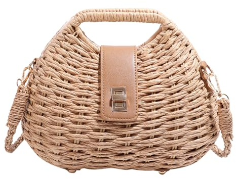 UKETO Rattan Woven Straw Bag for Women Summer Straw Beach Bag Seaside Crossbody Bag Handmade Shoulder Handbags Hand Woven Clutch Bag Lightweight for Beach