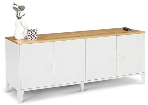 IDMarket - Buffet Bas 140 cm Ester 4 Portes métal Blanc Plateau Bois Design Industriel